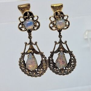* Vintage Pat Pending Glass Opal Drop Dangle Clip On Earrings